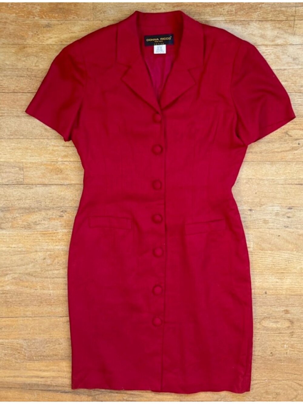 Vintage Red Button-Front Blazer Dress Size Medium Linen Blend Short Sleeve Shirt